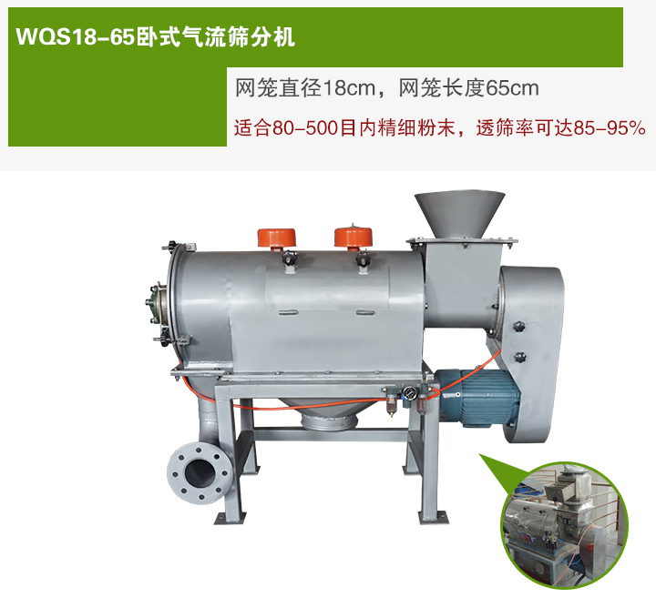 WQS18-65臥式氣流篩分機網(wǎng)籠直徑為18cm，網(wǎng)籠長度為65cm